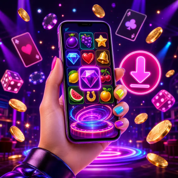 Ruka drží telefon s automatem, vedle svítí ikona stahování